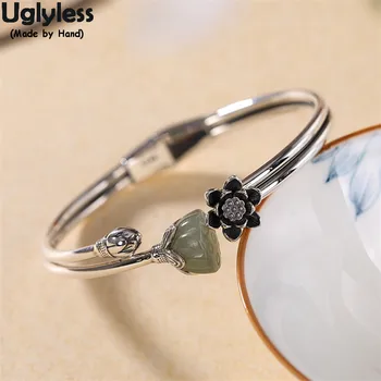 

Uglyless 2 Circles Glossy Silver bangles for Women Natural Jade Lotus Open Bangles 925 Silver Thai Silver Lotus Flower Jewelry