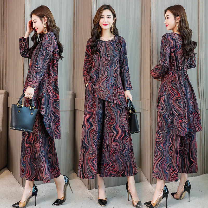 

2018 Autumn New Style Large Size WOMEN'S Suit-Style Floral Loose-Fit Front Short Long Back Tuxedo Loose Pants Two-Piece Set
