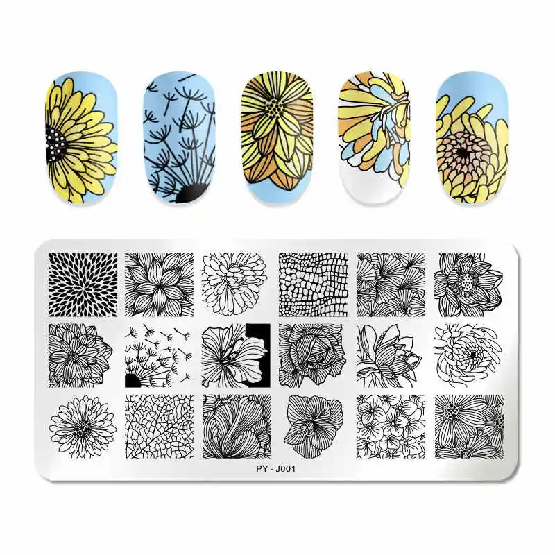 PY-J001 PICT YOU прямоугольник ногтей штамповки пластины цветок серии смешанный узор из нержавеющей стали дизайн ногтей изображения Шаблон трафареты J001 - Цвет: PY-J001