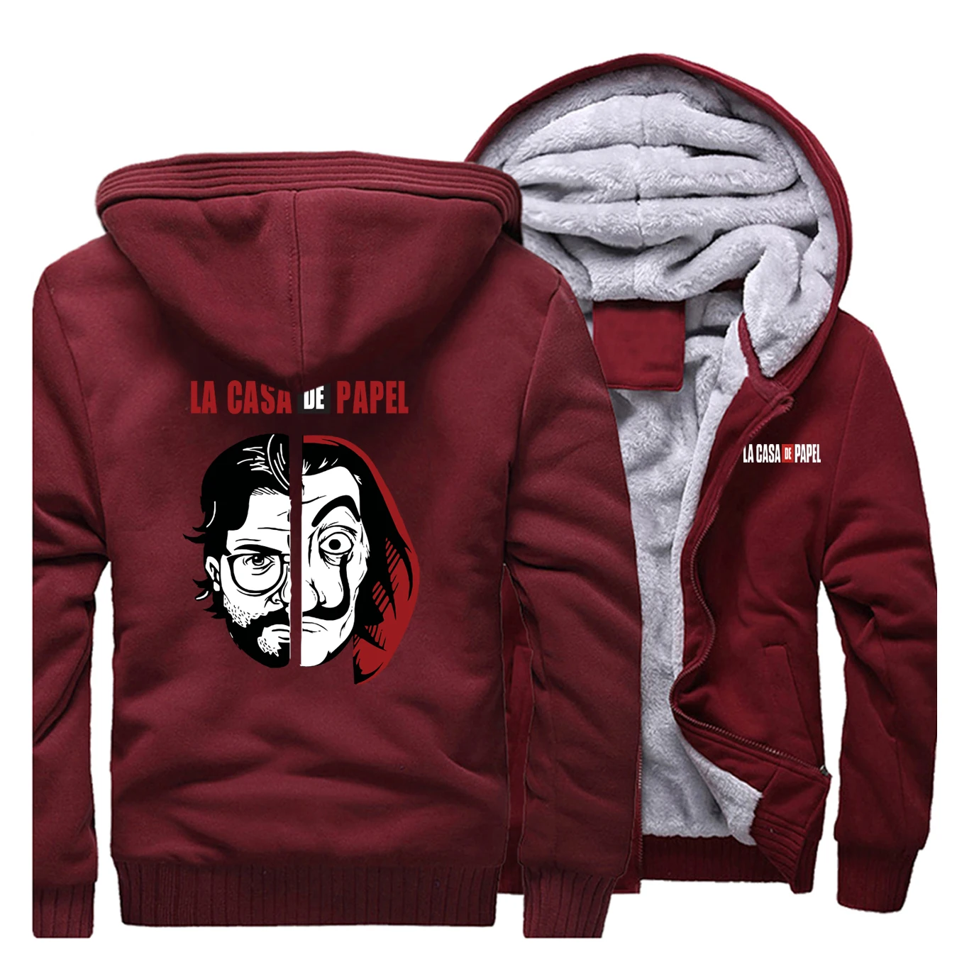 La Casa De Papel, Ретро стиль, с принтом ужасов, с капюшоном, сохраняет тепло, зима, новинка, куртка, толстовка, мужские модные куртки, забавное свободное худи - Цвет: Wine Red