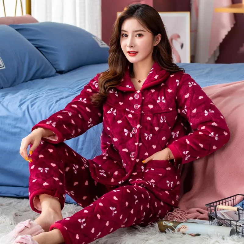 

Winter Middle Aged And Elderly People Pajamas Women's Flannel Thick Quilted Mom Pajamas Coral Velvet Homewear Set 5008