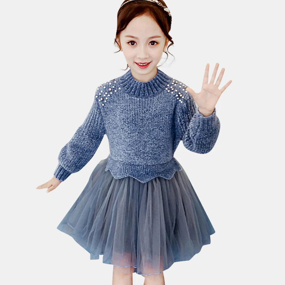 Платье для девочек; вязаный свитер; платье для девочек с рукавами-фонариками; детское праздничное платье; сезон осень; модные сетчатые платья для девочек на Рождество
