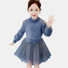 Платье для девочек; вязаный свитер; платье для девочек с рукавами-фонариками; детское праздничное платье; сезон осень; модные сетчатые платья для девочек на Рождество