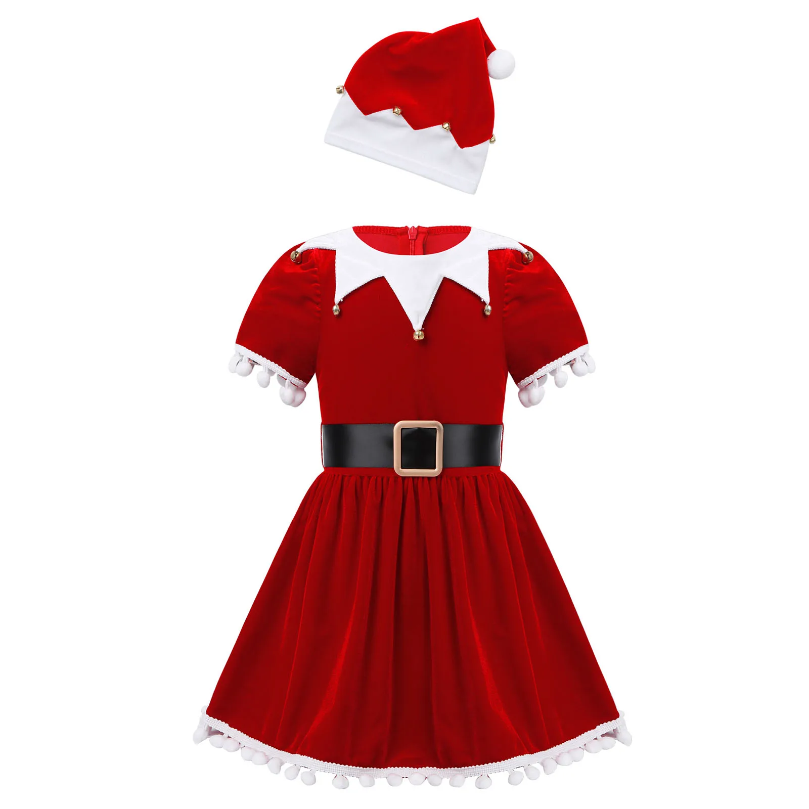 thumbnail image 1 of Vestido de terciopelo navideño con mangas cortas con volantes para niña pequeña, disfraz de Papá Noel para fiesta navideña, 1 of 5
