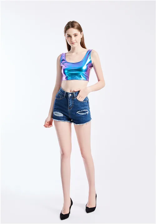 Синий Женское модное металлическое бикини из искусственной кожи короткие топы на бретелях Жилет Бюстье Блузка рубашка латексное блестящее пикантные майки Клубная одежда - Цвет: Синий