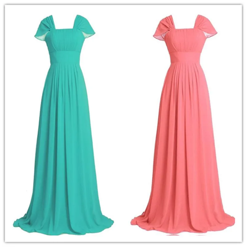Coral Colored Bridesmaid Dresses Long Cap Sleeve Chiffon Pleated Sleeve Bridesmaid Dresses Vestido Longo Prom Dresses Cheap