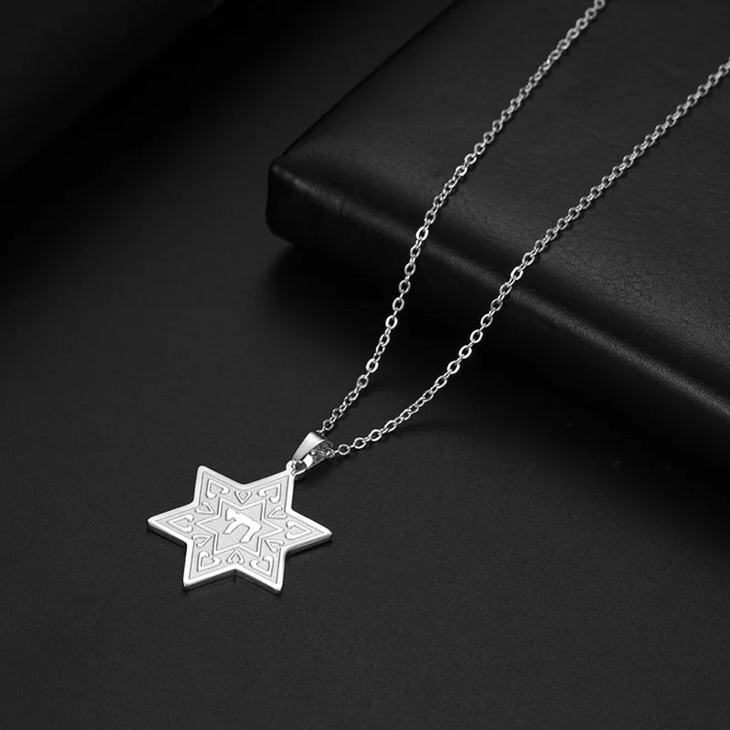 TEAMER Stainless Steel 6 Pointed Star Pendant Necklace Magic Hexagram Spiritual Amulet Symbol Necklace Jewelry For Men