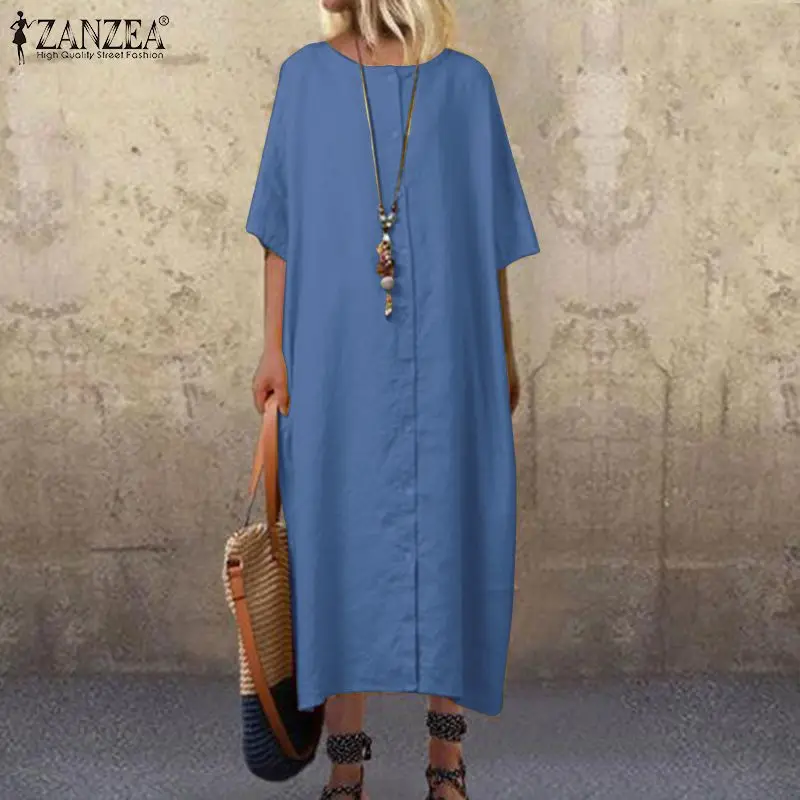 Летнее Длинное Платье-рубашка с рукавом до локтя и пуговицами, ZANZEA, женское элегантное платье для работы, свободное однотонное Хлопковое платье размера плюс