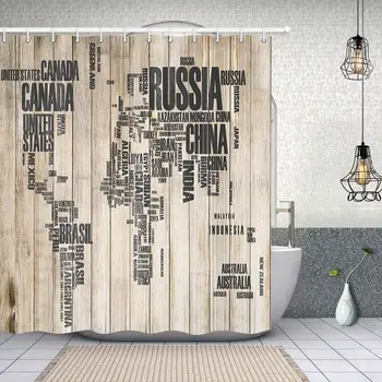 

Vintage Retro World Map Shower Curtains, Map of The World Print on Rustic Wooden for Child Education, Polyester Fabric