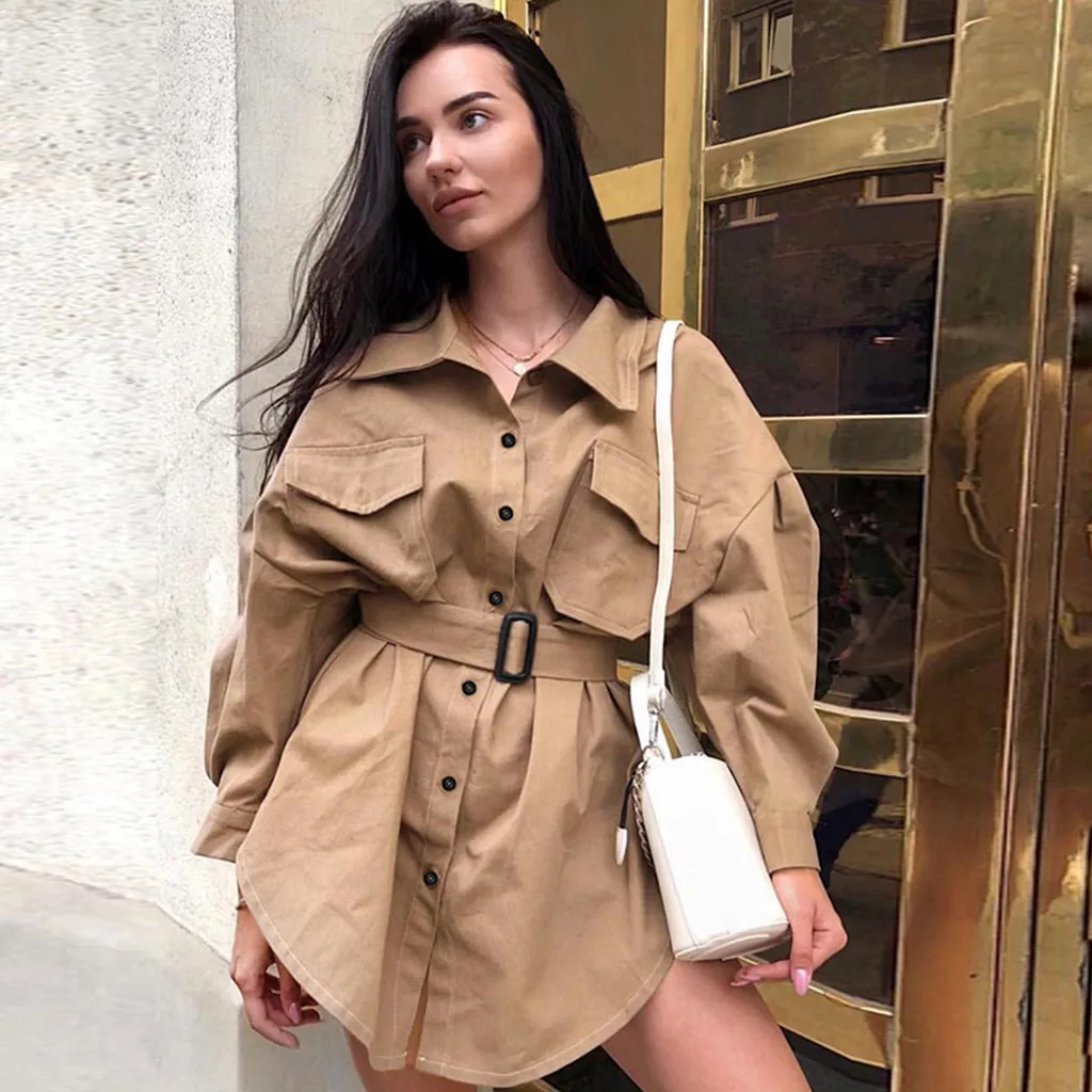 

Women Long Sleeve Jacket Windbreaker Parka Pockets Cardigan Coat Autumn Outwear Women Clothes 2019 #N