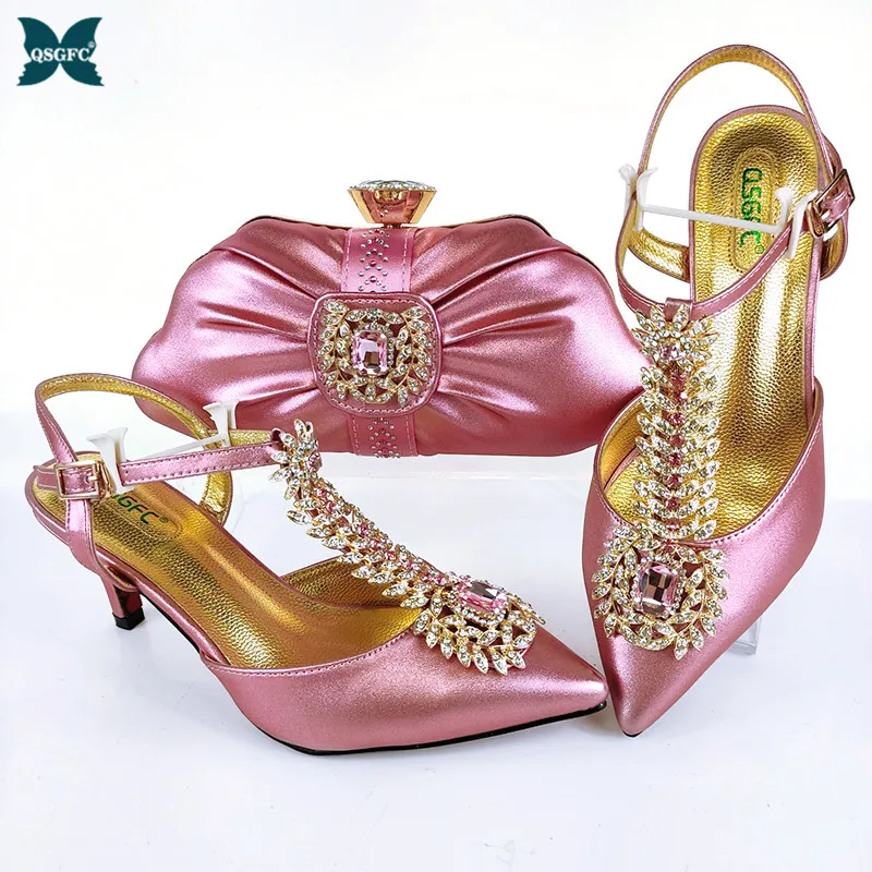 Bags Ladies Shoes Pink-Color Italian-Design Fashion-Style Rhinestone Party And with 