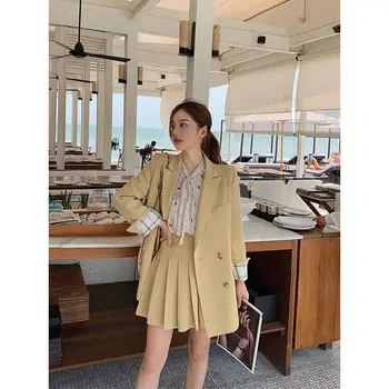 

2020 Spring and Autumn Fashion Elegant Skirt Suits Women Solid Blazer Jacket + Slim Pleated Mini Skirts Sexy 2 Pieces Set H183