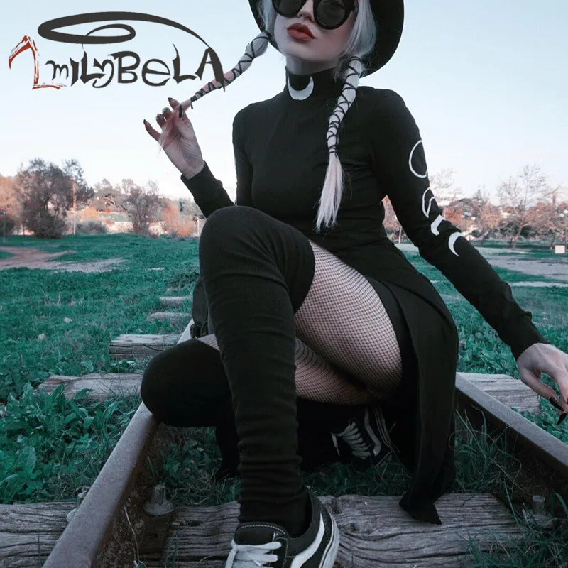 

Imily Bela Gothic Black Bodycon Mini Dress High Waist Stand Collar Long Sleeve Print Split Midi Dress Sexy Autumn 2019 Vestidos