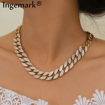

Hip Hop Iced Out Paved Rhinestones Chain Necklace for Women Goth Heavy Cuban Bling Crystal Choker Rapper Men Aesthetics Jewelry