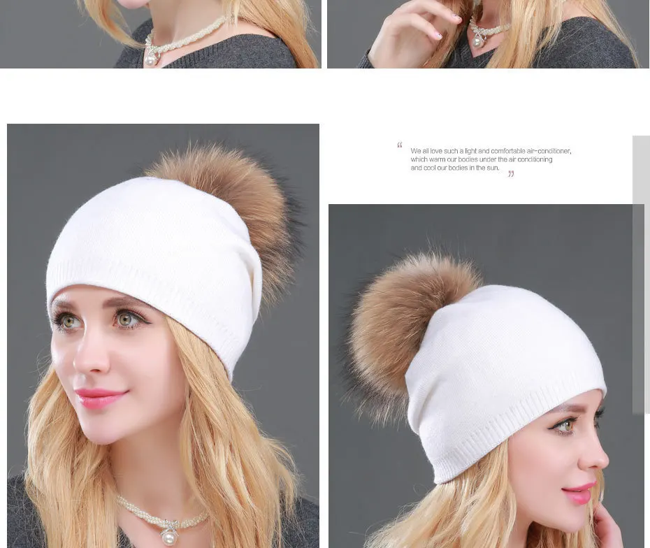 High Quality Women Dual layer Wool Knitted hats with big Real Fur Pompoms Warm Slouchy beanies hat ladies Fashion Skullies