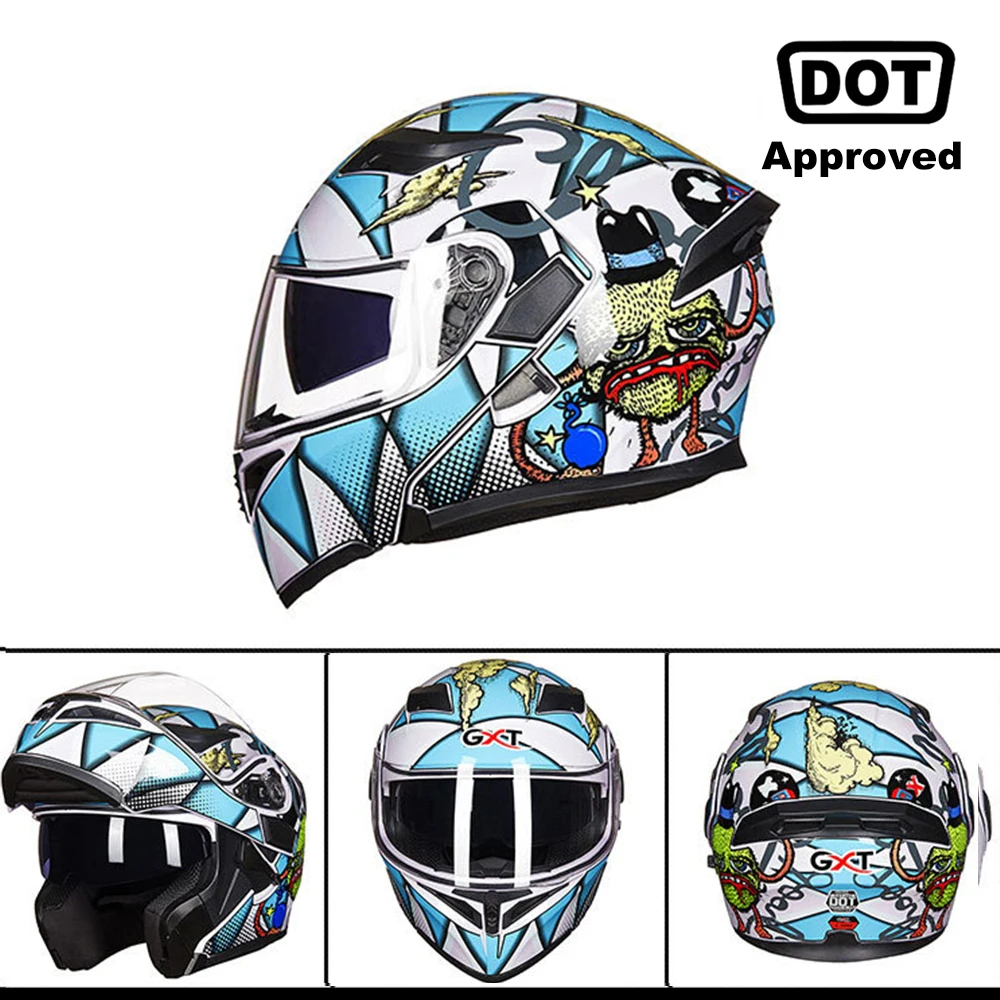 GXT New Motorcycle Helmet Flip up Motocross Helmet Capacete da Motocicleta Cascos Moto Casque Doublel lens Racing Riding Helmet - Цвет: Blue Black
