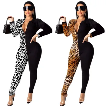 

Women Autumn sexy Deep V Neck Long Sleeves Overalls Leopard Print Jumpsuit Elegant Women Sexy one piece Rompers F274