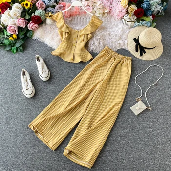 

2020 New Fashion Women solid color Suits 2 piece set women retro Loose Long high waist Pants + fly sleeves top women clothes