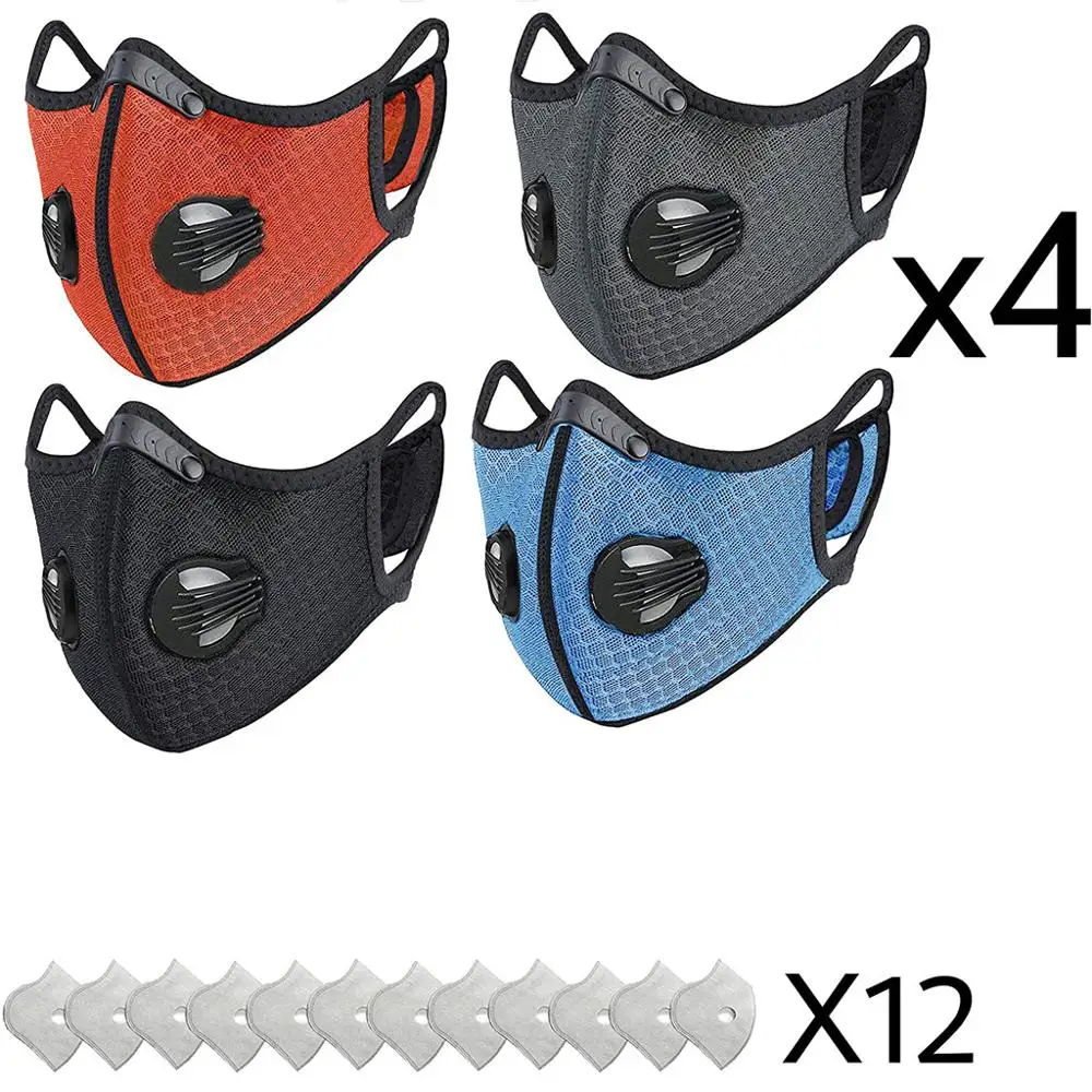 4pcs Bike Mask Face Cover With Breathing Valves 12pcs Filter Unisex Dust Outdoors Sports Mouth