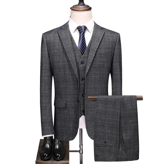 $US $86.27 Brand Business Plaid Suits Men Slim Fit Men's 3 Piece Wedding Suits Black Dark Blue Gray Formal Dress Suit Man S-4XL