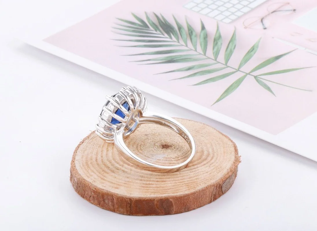 Silver ring princess cut 3.2ct created blue sapphire for women