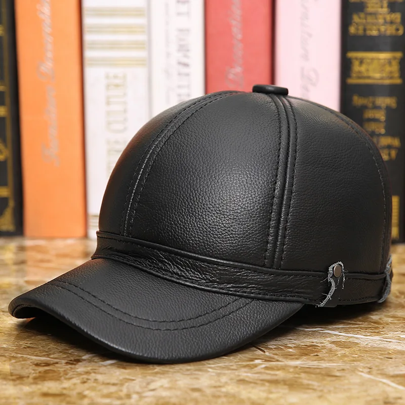 

Leather 100% Genuine Leather hat season in middle-aged men leather cap outdoor leisure warm earmuffs baseball cap
