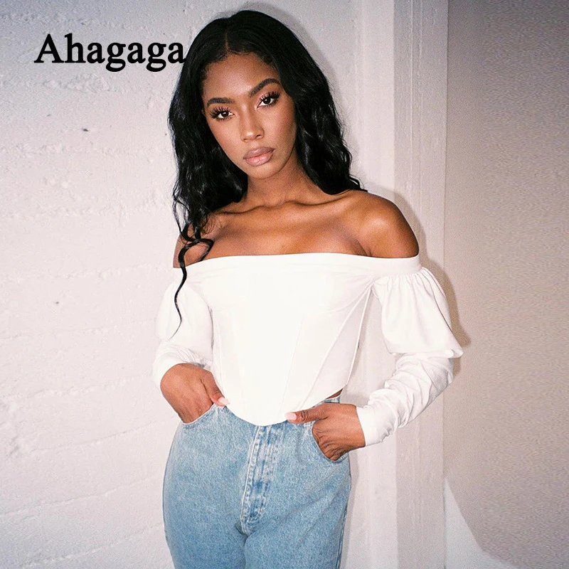 

2019 Autumn White Sexy T-shirt Women Fashion Solid Color Short Tees Long Lantern Sleeve Slash Neck Ladies T-shirts Female Blusas