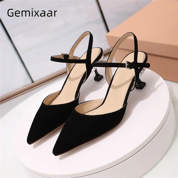 

Black Suede Pointed Toe Party Shoes Woman Jeweled Crystal Med Goblet Heel Ankle Strap Rhinestone Summer Sandals Women