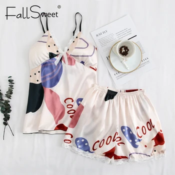

FallSweet Sexy Lace Sleeveless Pajama Set for Women Silk Print Two Piece Set Pyjamas Sleepwear