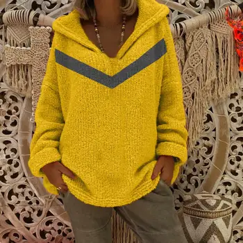 

Chic Lady Patchwork Sweater Long Sleeve Hooded Loose Knitted Sweater Casual Loose Autumn Sweater pull femme свитер женский