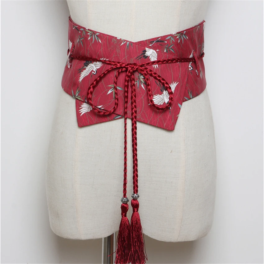 Japanese Style Women Kimono Dress Belt Floral Crane Haori Obi Dresses Men Waistband Traditional Ukiyo-e Streetwear Accessories