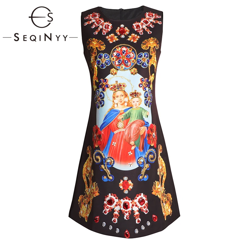 SEQINYY платье-майка Лето Весна модный дизайн женское высокое качество Кристальные Цветы Печатные Мини Черное Платье