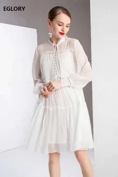 

Two Piece Dress 2020 Spring Summer Style Women Tunic Buttons Lace Patchwork Long Sleeve Casual Loose Dress White Yellow Black