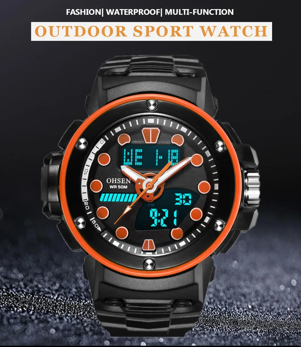 

Digital Quartz Waterproof men Watch Relogios Masculino Fashion Dual time Orange silicone Sport Man Wristwatch Electronic clock