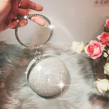 

Women Fashion Circular Shining Crystal Diamond Handbag Shining Sparking Sequin Cluth Purse Evening Bag Metal Frame Top Handle
