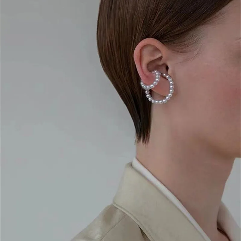 

2019 New Trendy Personality Alloy Geometric Irregular Curve Double Layer Metal Pearl Ear Bone Clip for Women Party Jewelry Gift