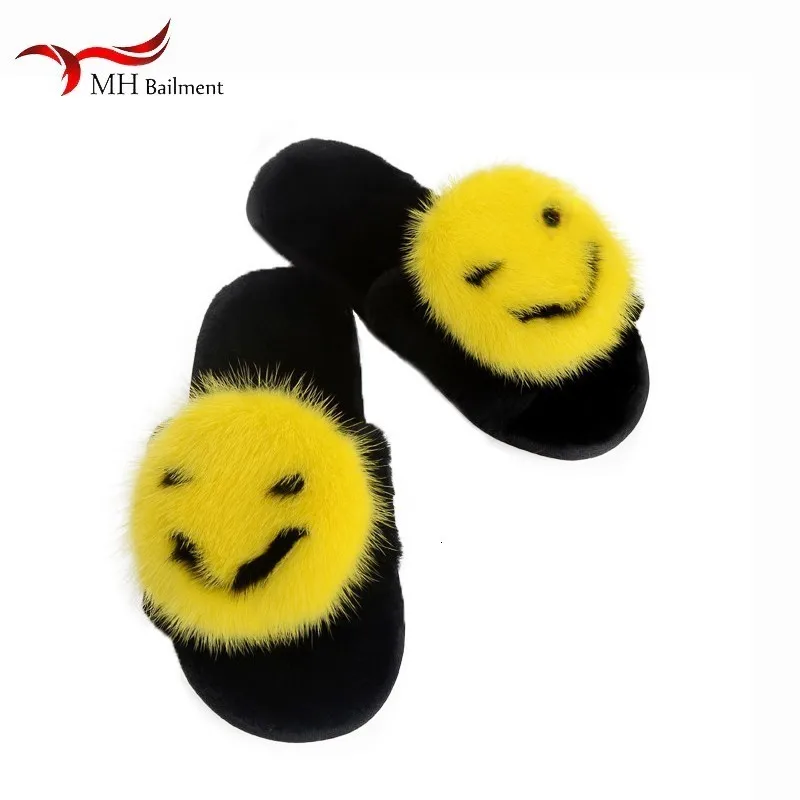 

Real Mink Fur Slippers New Winter Water Mane Smiley Fur Slippers Female Wool Flat Word Wear Non-slip Women Slippers