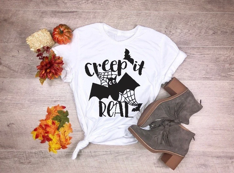 

Creep It Real Bat Women's Short sleeve 100% Cotton Funny Letter print Graphic O neck Tshirt Drop shipping y2k tops harajuku