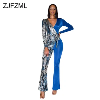 

Snake Print Patchwork Sexy Romper Women Deep V Neck Lace Up Long Sleeve Bodysuits Plus Size Skinny Belt Bell Bottom Jumpsuit