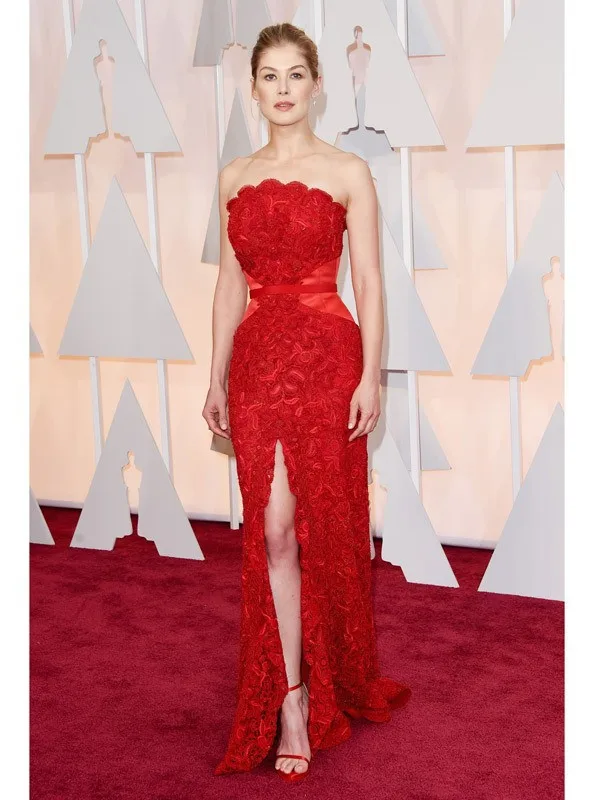 Oscar Red Lace Rosamund Pike Sexy High Slit Red Carpet Gowns Strapless New Vestidos de la Bridemaid Dresses