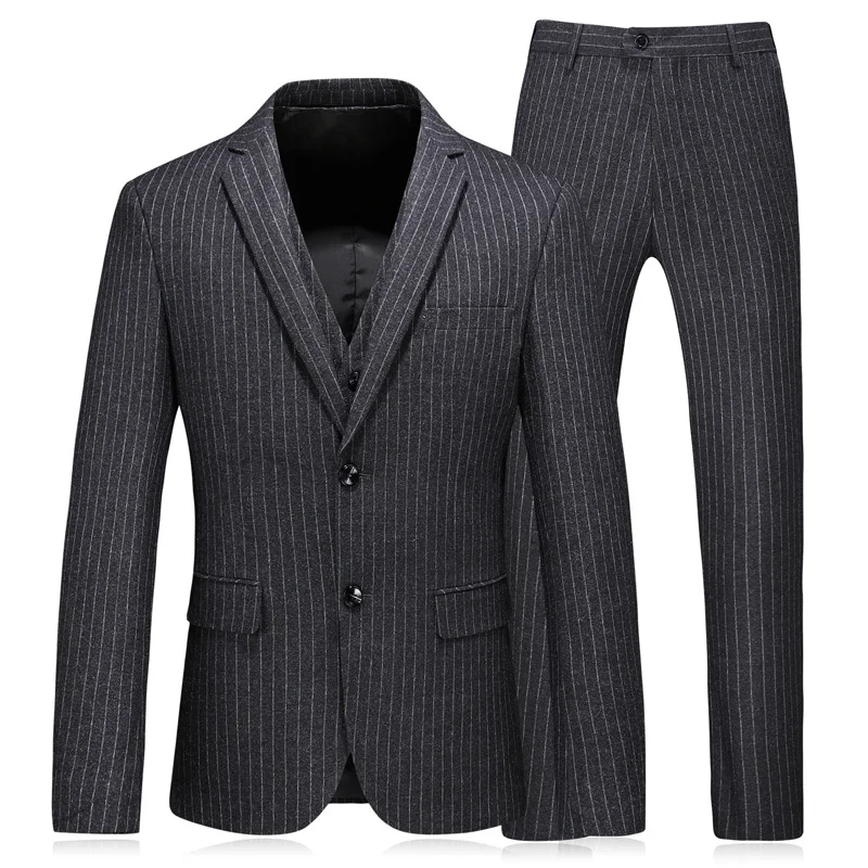 

Men's Wedding Groom Suit Classic Gentleman Simple Dark Gray Striped Suit Set Three-piece Banquet Party Male Slim Fit Dress