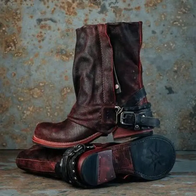 Женские ботинки до середины икры; chaussure boots; винтажные теплые ботинки-гладиаторы из искусственной кожи на среднем каблуке без застежки; zapatos mujer sapato; H793