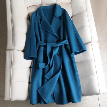 

Lace-up Loose Casual Mid-Length Wool Coats Vintage Chic Solid Color Overcoat Female Autumn Winter Lapel Coat With Belt