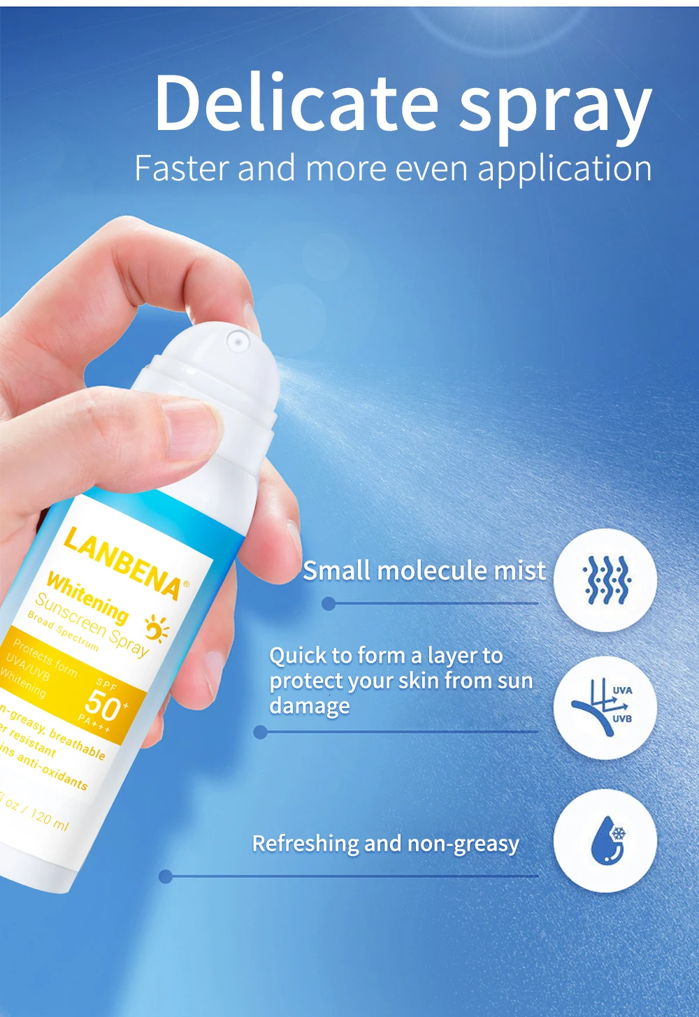 LANBENA отбеливающий Солнцезащитный спрей SPF50 PA++ дышащий солнцезащитный крем эффективная изоляция Ультрафиолетовый водостойкий уход за кожей