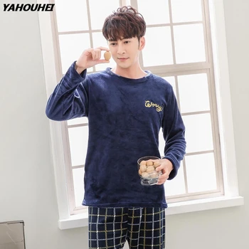 

Casual Striped Thick Warm Flannel Pajamas Sets For Men 2019 Winter Long Sleeve Coral Velvet Pyjamas Male Homewear Lounge Clothes