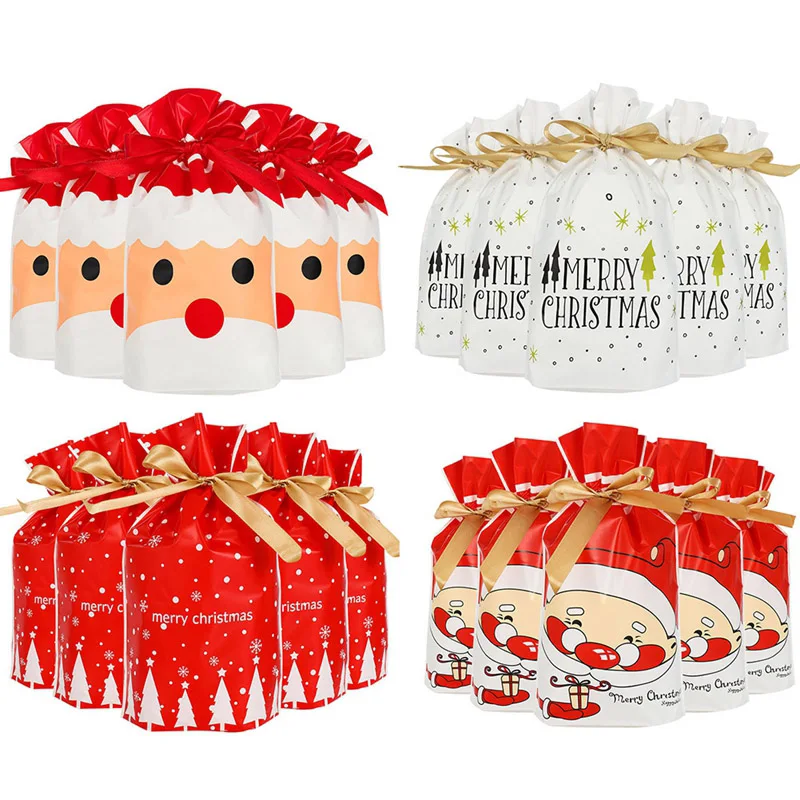 50pcs Merry Christmas Candy Bag Drawstring Bag Silk Ribbon For Birthday Wedding Party Decora Kids Gift Wrapping Supplies