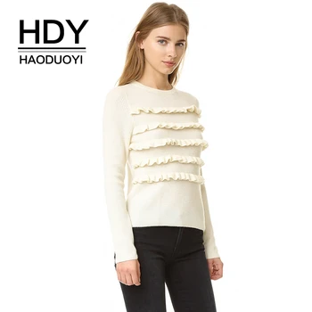 

HDY Haoduoyi Autumn Fashion Simple Loose Solid Color Sweet Little Lotus Leaf Soft Warm Pullover Jumper Knitted Sweater