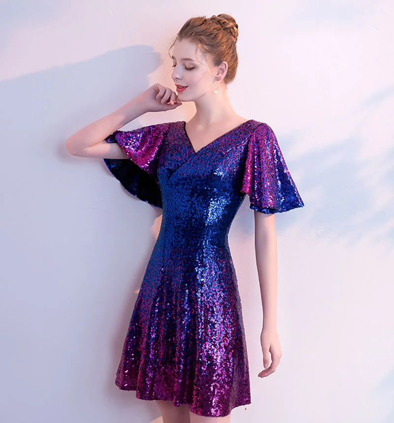 Solovedress Короткие рукава с гофрированными манжетами вечернее платье латинский танец линия Блестящий блесток формальное платье с v-образным вырезом сзади с застежкой-молнией E82