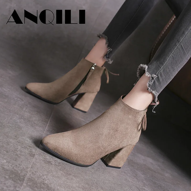 ANQILI/2019 г. Женские ботинки из натуральной кожи ботильоны замши на молнии модные