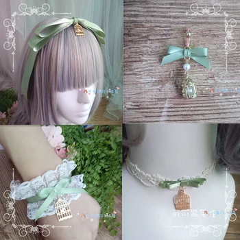 

girl Japanese female female fairy if the grass double horsetail hair ring bird cage headband side clip necklace earrings lolita